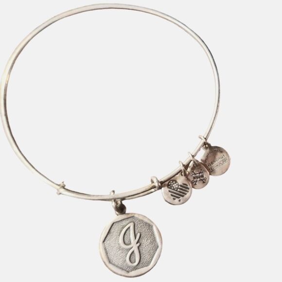 Alex Ani Initial J Charm Bangle Stack Bracelet Layer Silver Monogram Adjustable - Picture 5 of 5